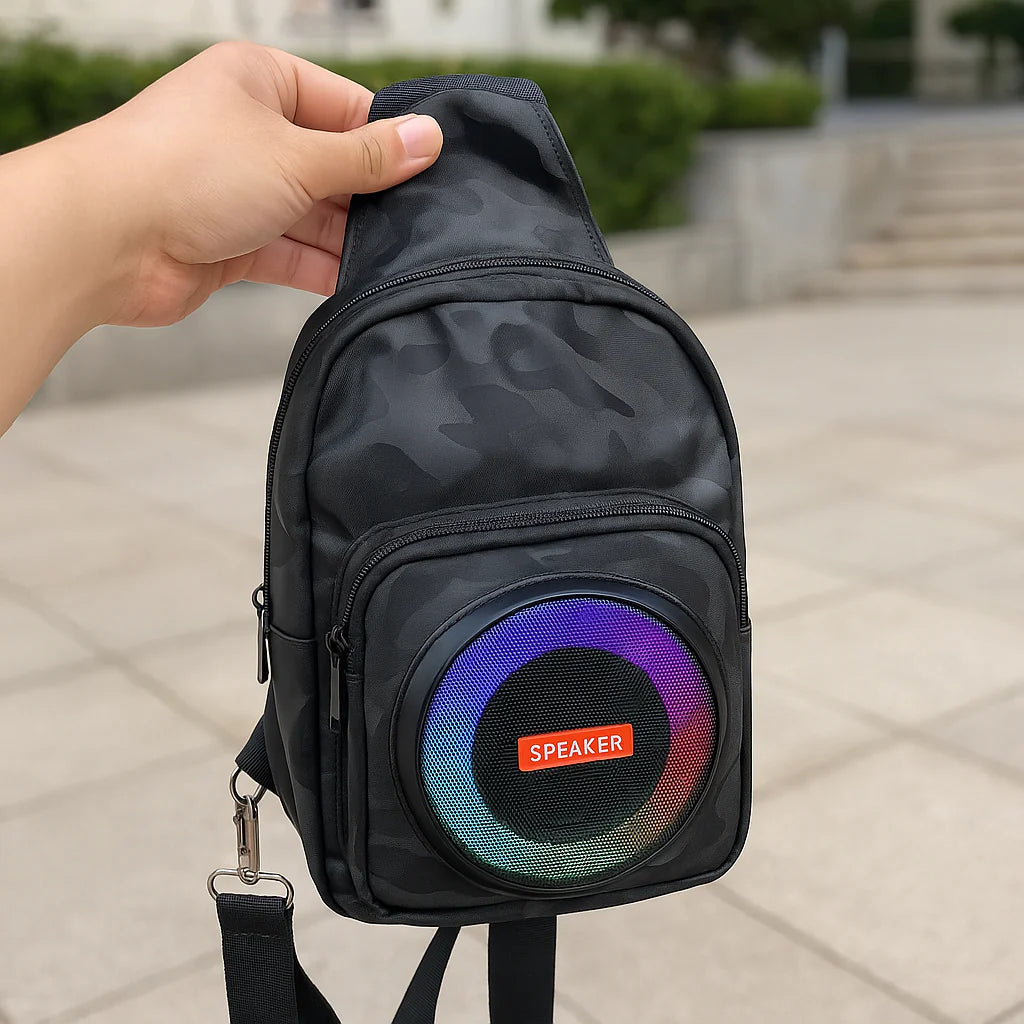 Hátizsák típusú hordozható hangszóró – Bluetooth 5.0, RGB világítás, FM rádió, TWS funkció, power bank, 17 × 10,5 × 19,5 cm