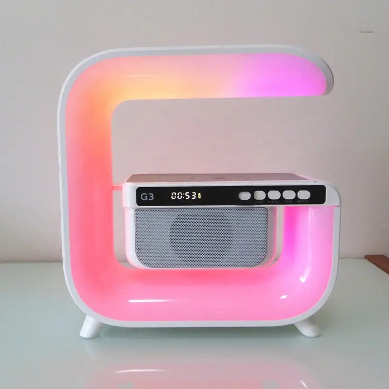 5 az 1-ben okos LED lámpa – RGB világítás, Bluetooth hangszóró, FM rádió, AUX bemenet, gyors vezeték nélküli töltés, ébresztőóra, telefonhívás-fogadó funkció, fehér színben