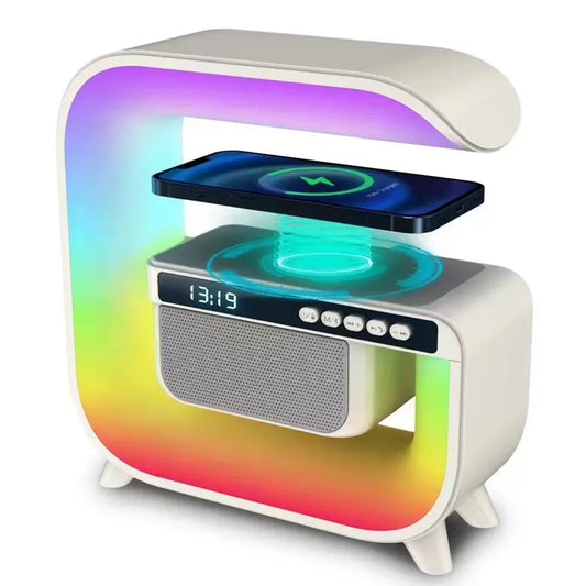 5 az 1-ben okos LED lámpa – RGB világítás, Bluetooth hangszóró, FM rádió, AUX bemenet, gyors vezeték nélküli töltés, ébresztőóra, telefonhívás-fogadó funkció, fehér színben
