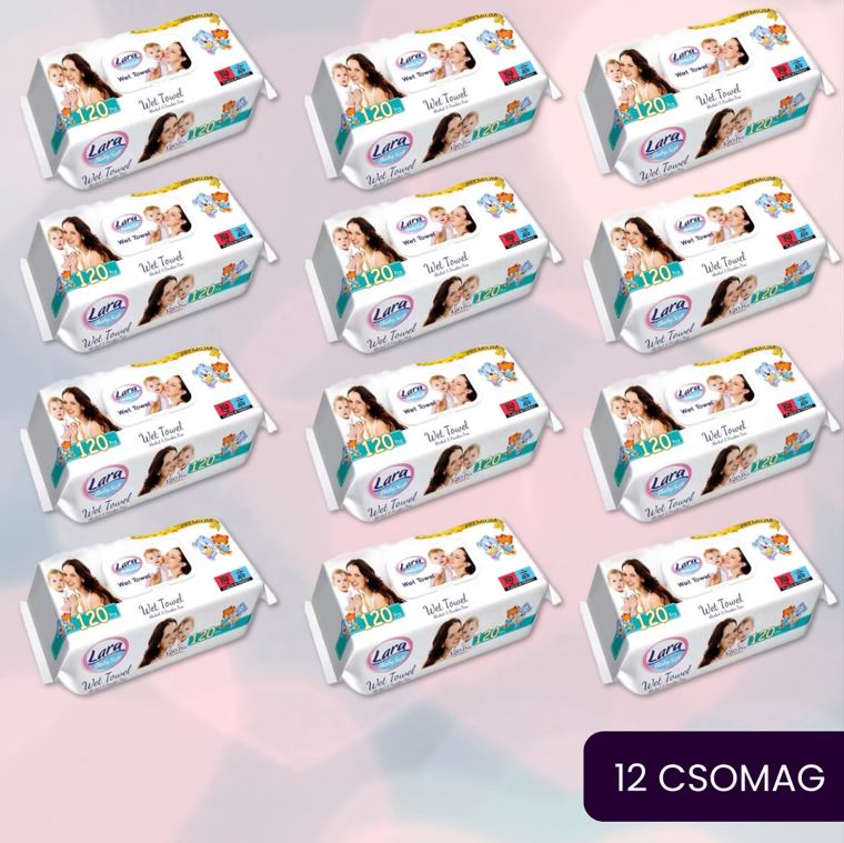 12x 120db (1.440db) LARA PRÉMIUM nedves törlőkendő, alkoholmentes, parabénmentes Púder illatú (bruttó 6,6 Ft/lap)