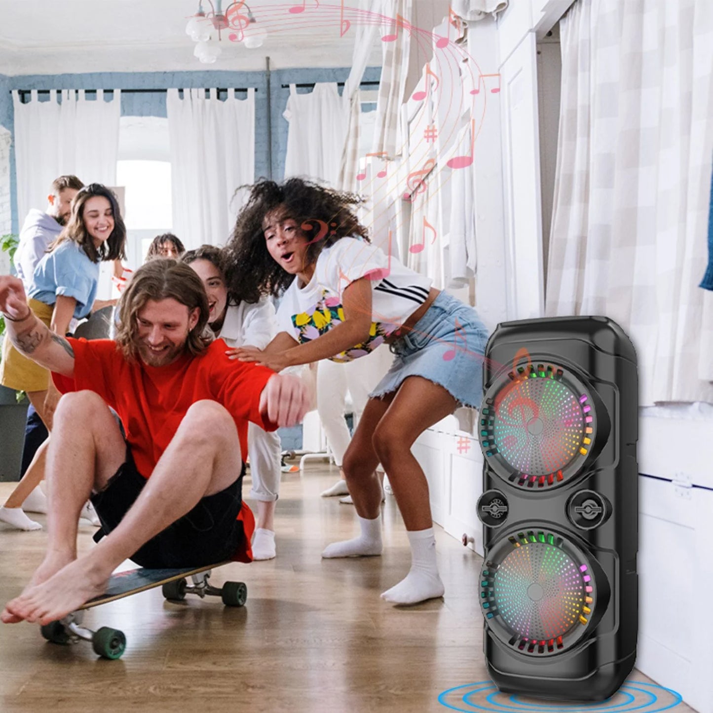 Hordozható Bluetooth hangszóró dupla 8 hüvelykes hangszóróval, karaoke mikrofonnal, erőteljes hangzással, LED lámpákkal és hosszú akkumulátor-üzemidővel