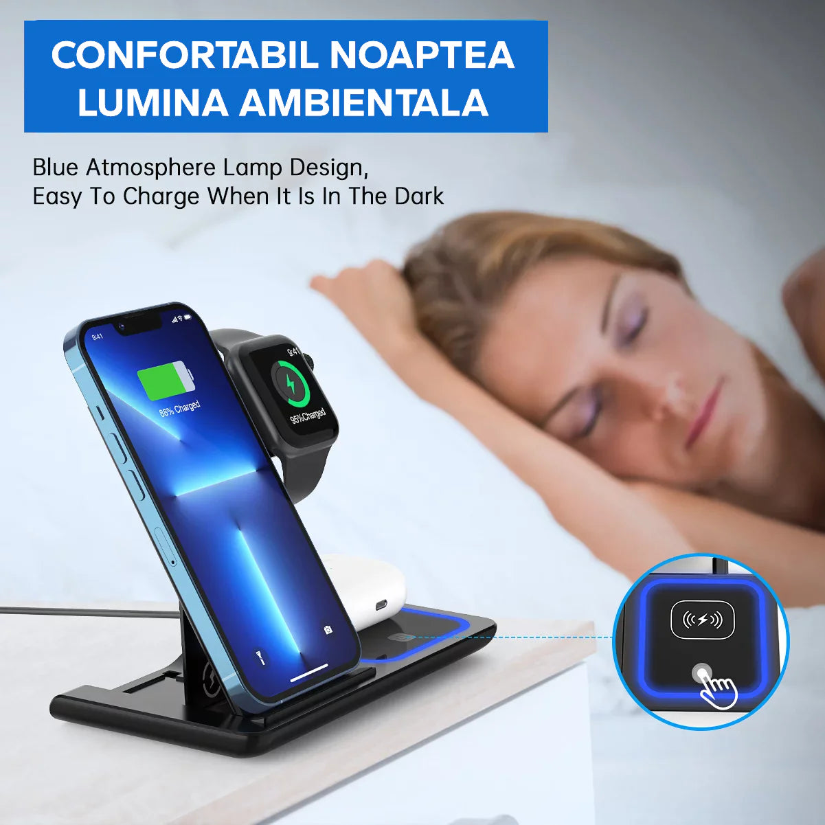 3 az 1-ben Qi gyorstöltő állomás – 15W, kompatibilis Apple Watch, AirPods és iPhone készülékekkel
