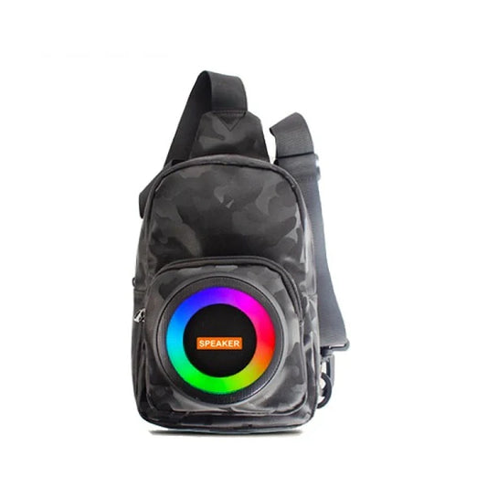 Hátizsák típusú hordozható hangszóró – Bluetooth 5.0, RGB világítás, FM rádió, TWS funkció, power bank, 17 × 10,5 × 19,5 cm