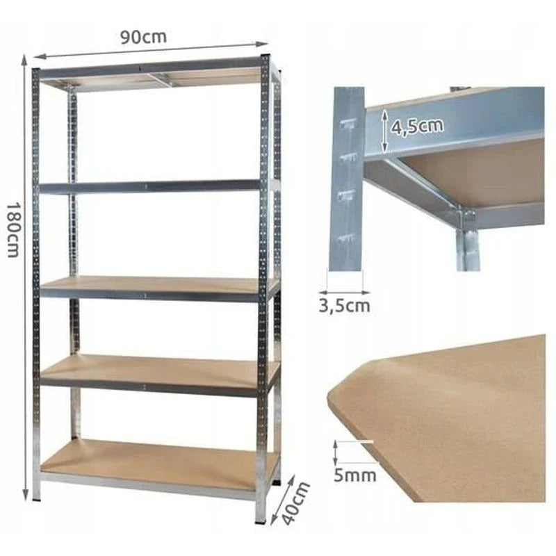 5 polcos fém polc, horganyzott acél váz, MDF polc, 175kg/polc, 200x90x60cm