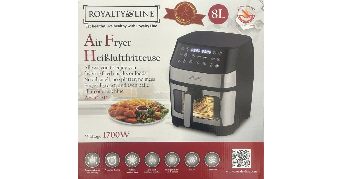 Royalty Line betekintőablakos forrólevegős sütő, Air Fryer, 8 literes, 1700w, fekete