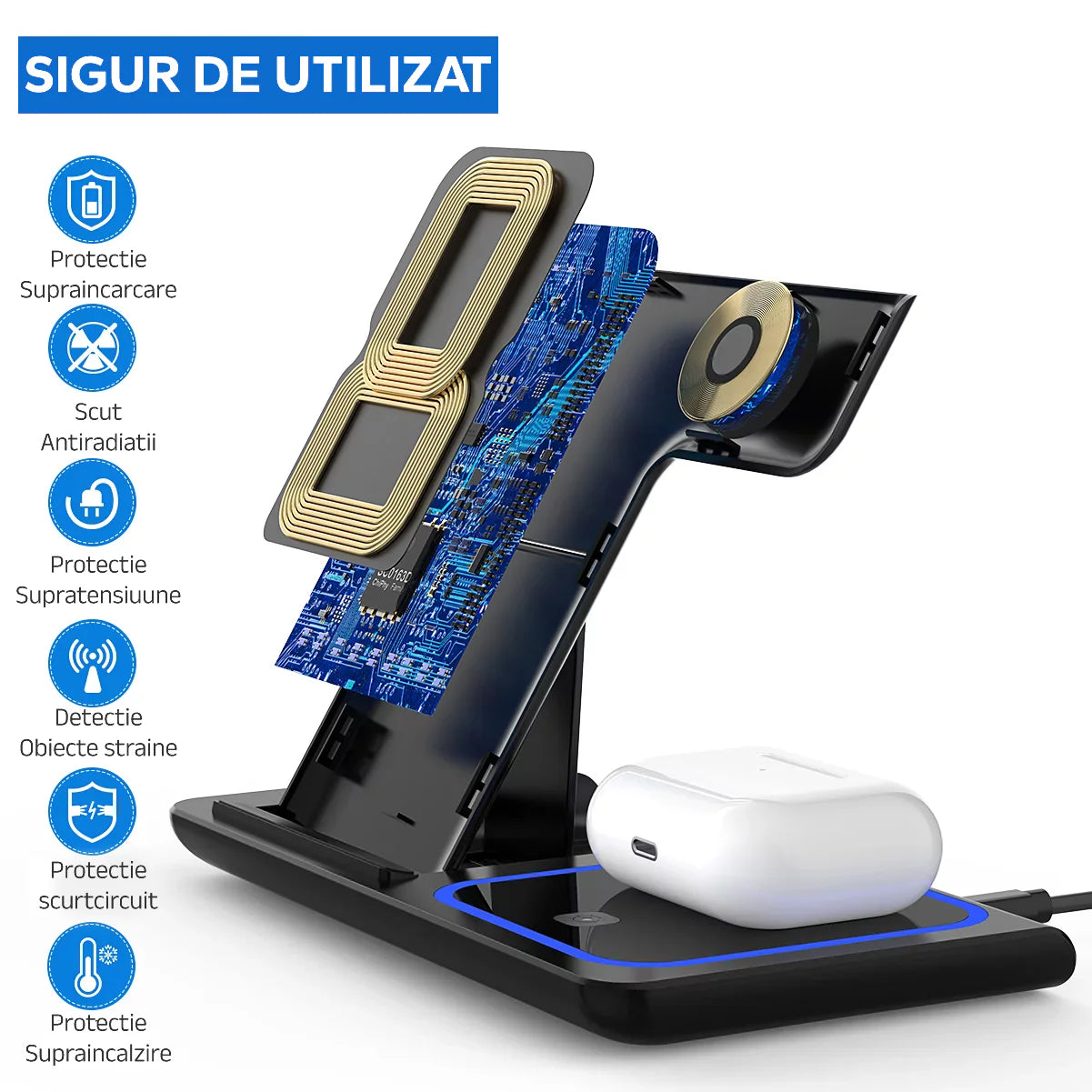 3 az 1-ben Qi gyorstöltő állomás – 15W, kompatibilis Apple Watch, AirPods és iPhone készülékekkel