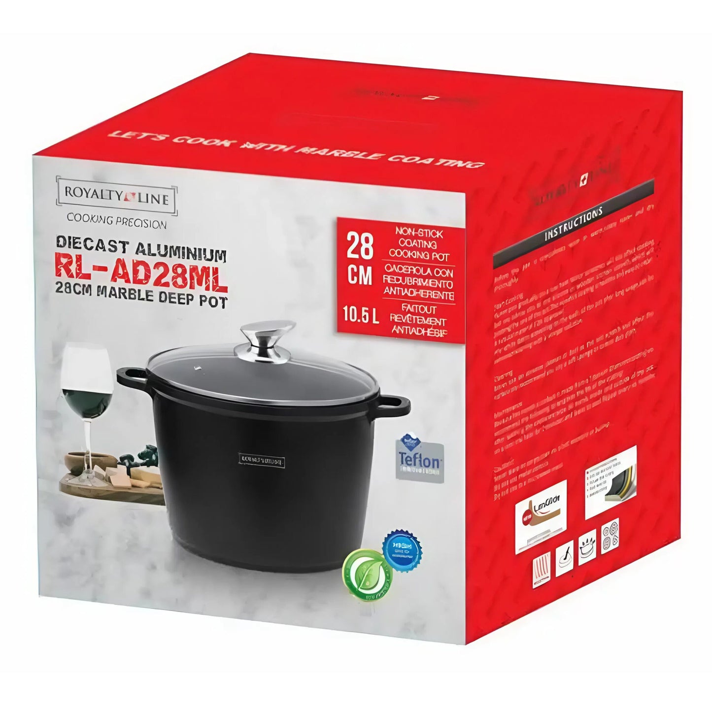 Royalty Line® 10L Márvány Bevonatú Lábas Üvegfedővel - RL-AD28L - Fekete