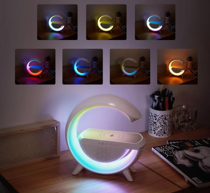 Vezeték nélküli RGB LED lámpa, Bluetooth hangszóróval, 15W vezeték nélküli gyorstöltés