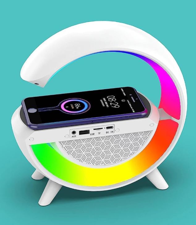 Vezeték nélküli RGB LED lámpa, Bluetooth hangszóróval, 15W vezeték nélküli gyorstöltés