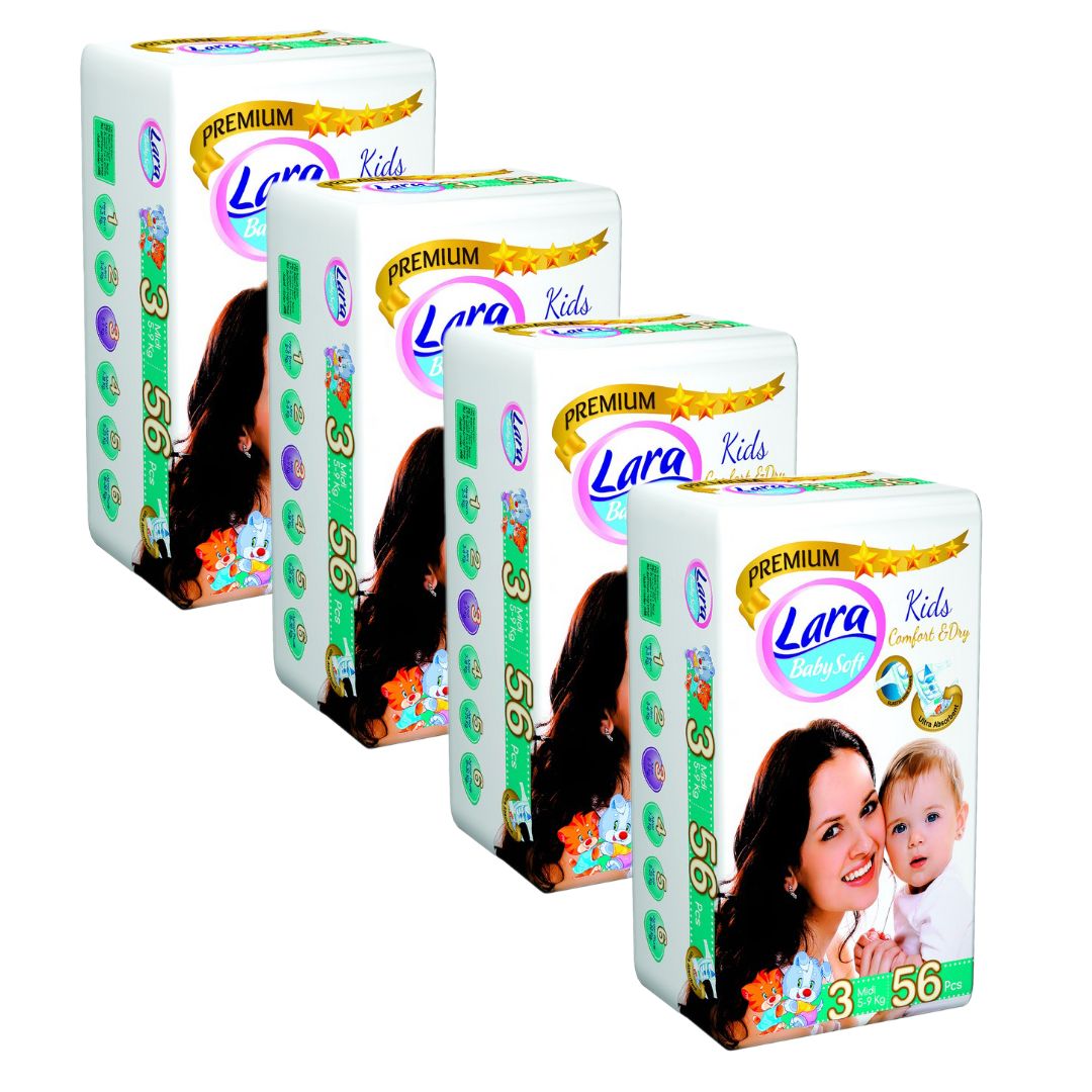 4 csomag - LARA PELENKA 3 MIDI 5-9KG - XXL csomag - 224 darab