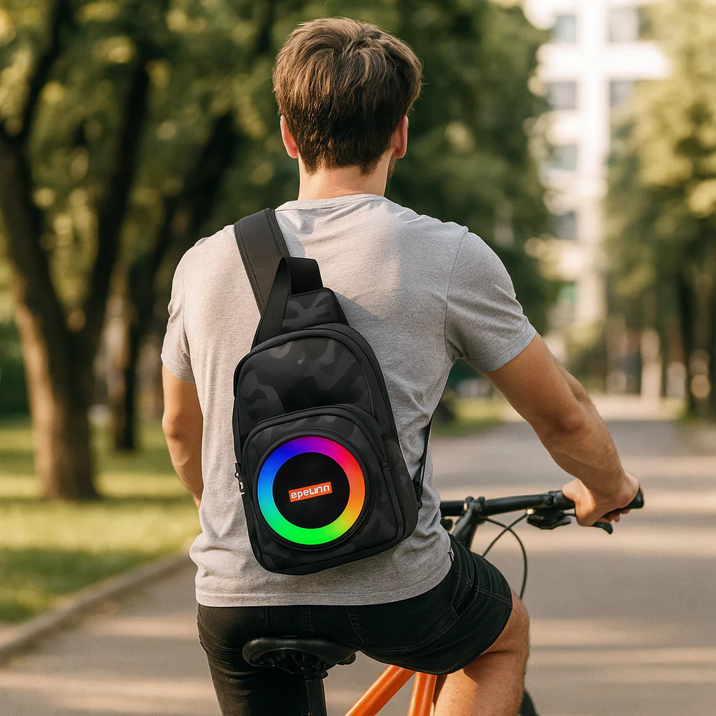 Hátizsák típusú hordozható hangszóró – Bluetooth 5.0, RGB világítás, FM rádió, TWS funkció, power bank, 17 × 10,5 × 19,5 cm