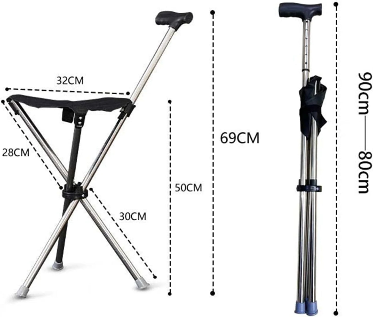 Összecsukható szék bottal, magasság 82 cm, maximális teherbírás 100 kg