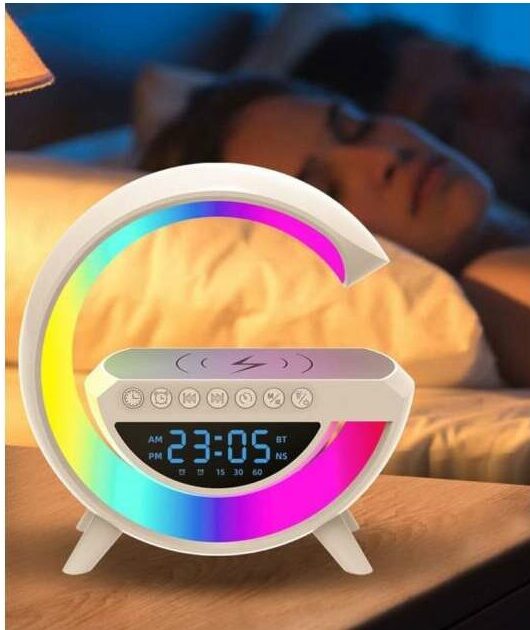 Intelligens asztali RGBW Lámpa, Hangszóró, 15W Gyorstöltő, Ébresztőóra, Fehér