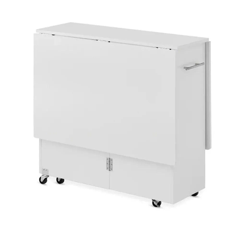 Összecsukható gurulós asztal polcokkal, kinyitható asztallappal, fehér