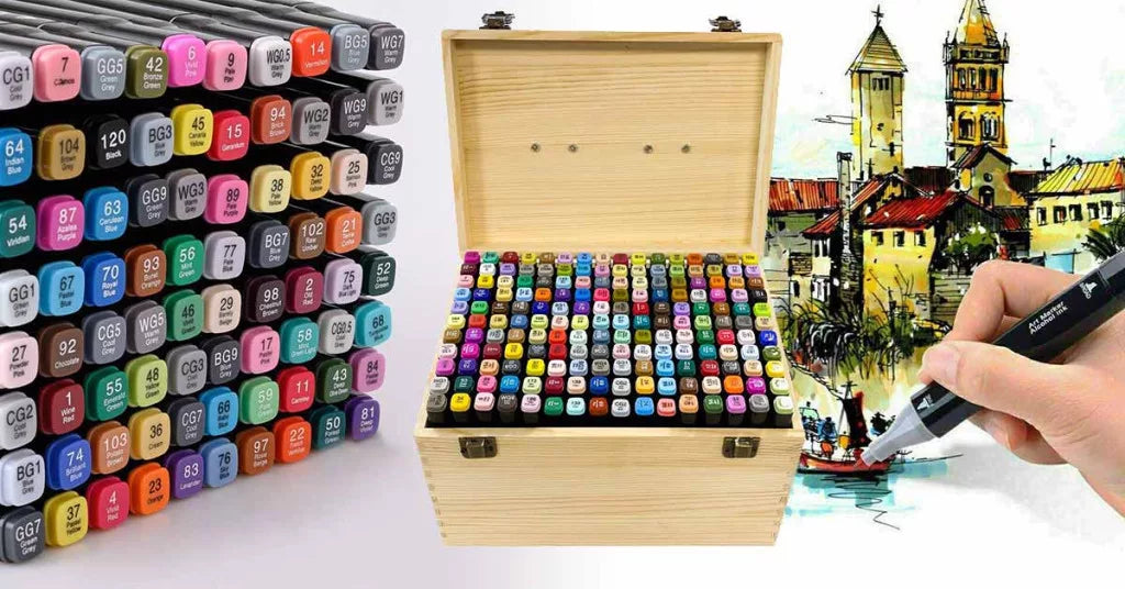 Kétvégű alkoholos marker készlet fadobozban, 176 db