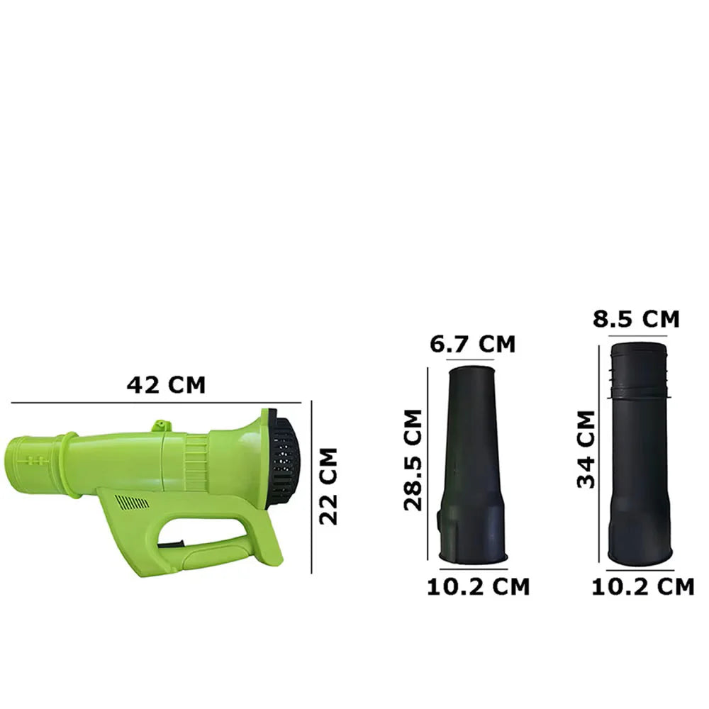 Elektromos lombfúvó – 2 db akkumulátorral, 3500W teljesítmény, 12 000 fordulat/perc, 2,3 m³/perc légáram, fekete/zöld színben