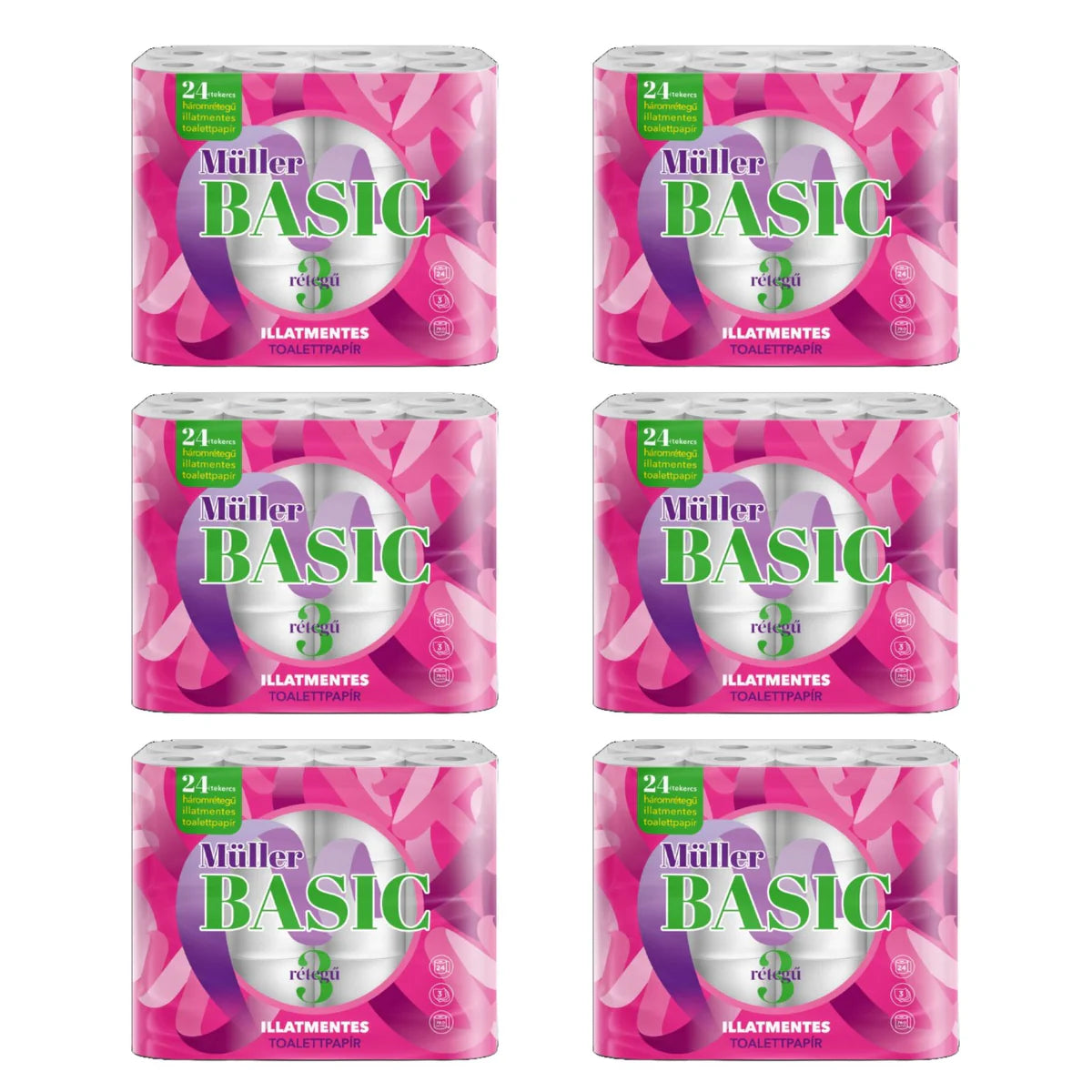 Csomag:6x Müller Basic 3 Rétegű Wc Papír XXL 24 Tekercs